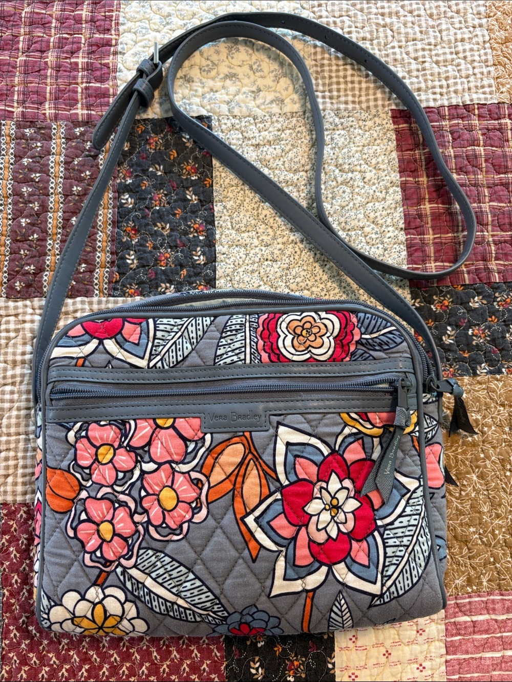 Vera Bradley Gray Quilted Floral Crossbody with Pink & Orange Accents